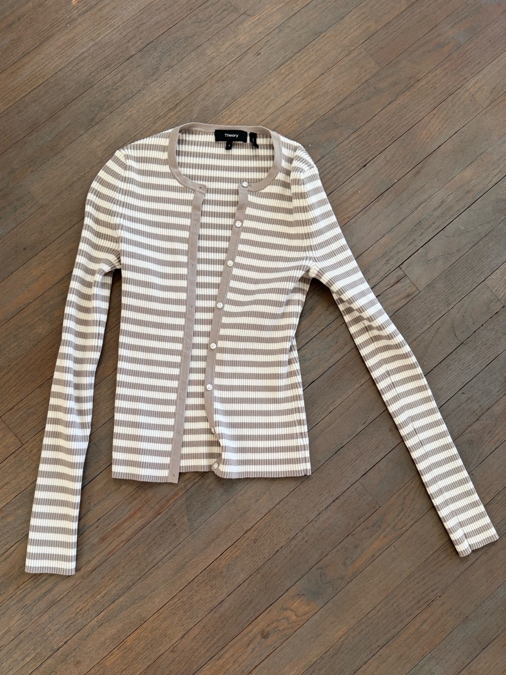 Theory Striped Ribbed Button Cardigan - Beige & White